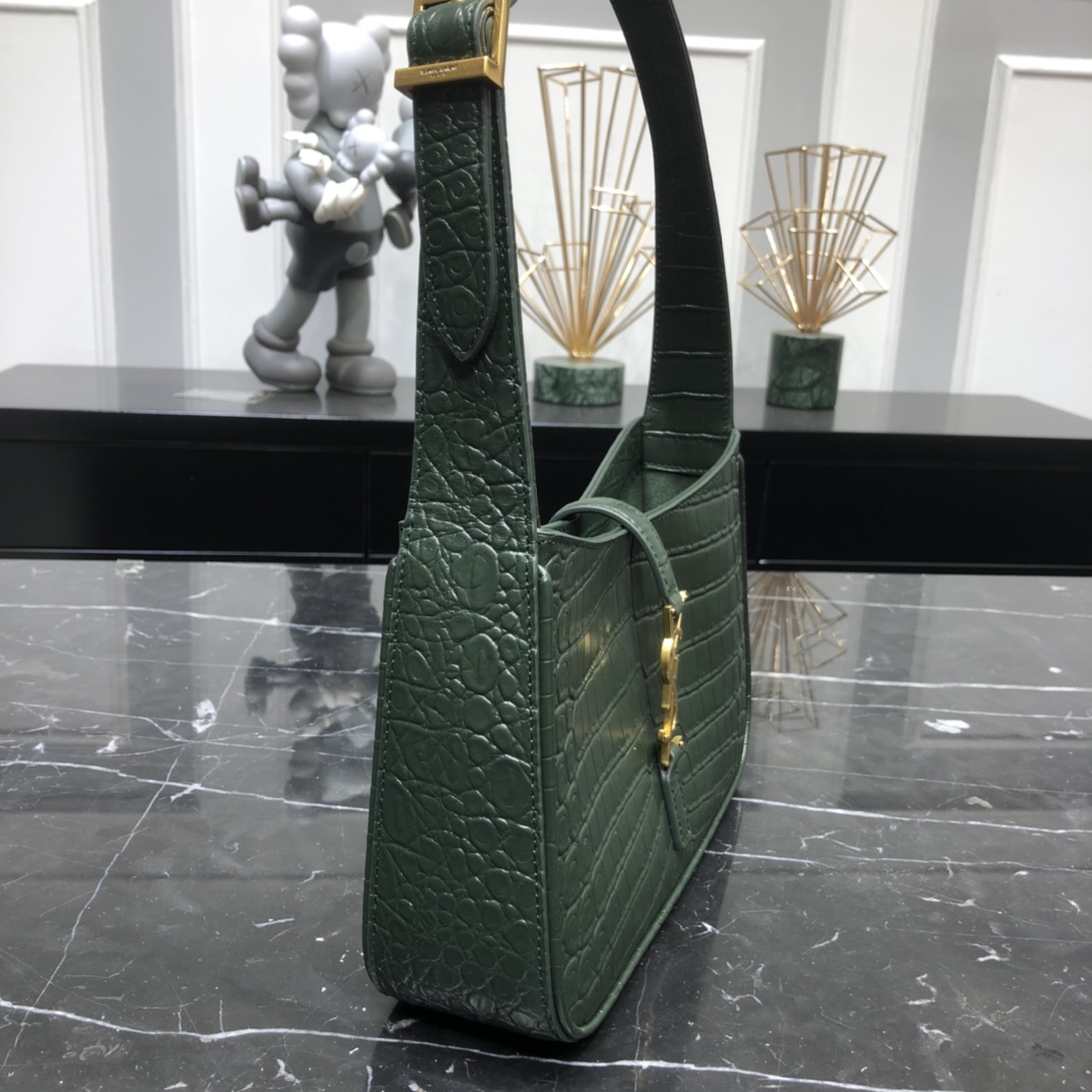 Saint Laurent LE 5 A 7 Crocodile Embossed Calfskin Shoulder Bag Handbag Army Green 657228 